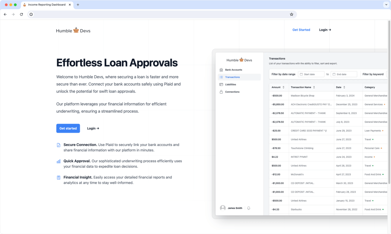 Income dashboard landing page